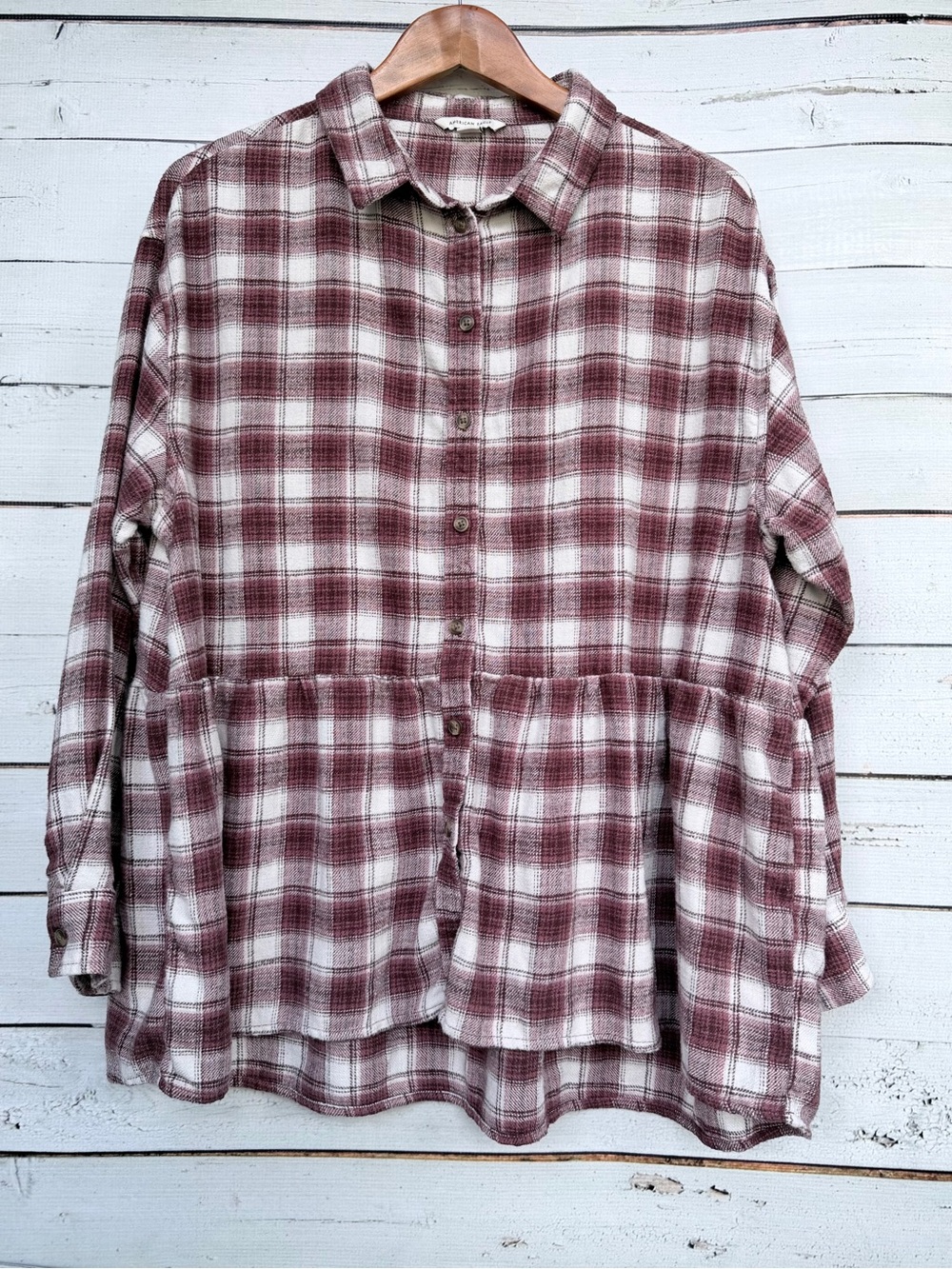 American Eagle Outfitters Plaid Babydoll Peplum Button Down Shirt - Large
